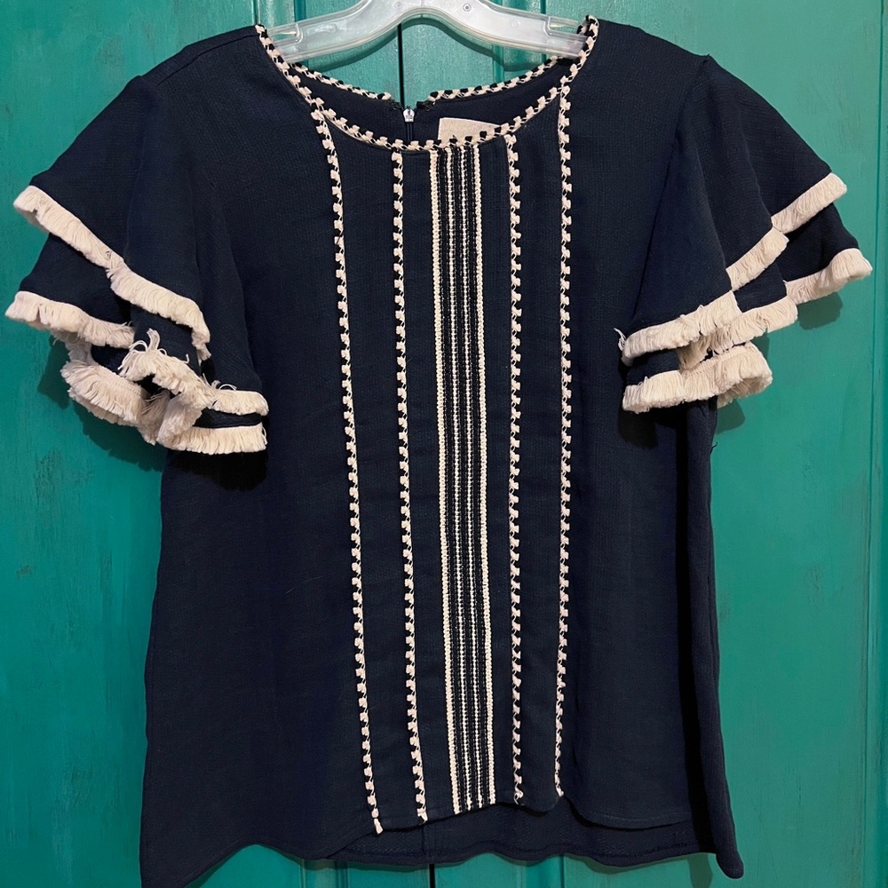 Moon River Blue Ruffle Sleeves Top